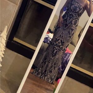 Elegant Black and Beige Patterned Strapless Dress